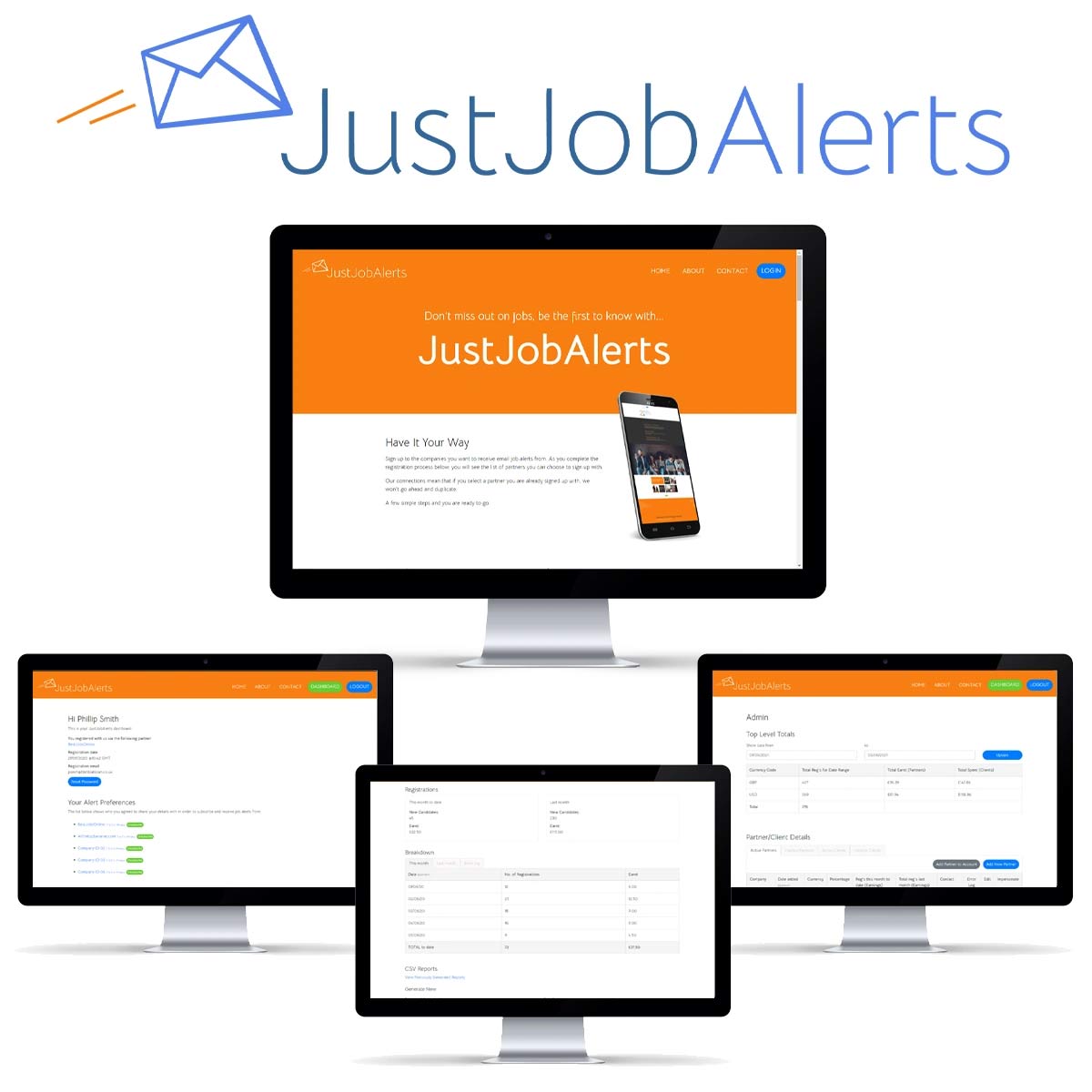 JustJobAlerts logo, desktop homepage and admin dashboards.